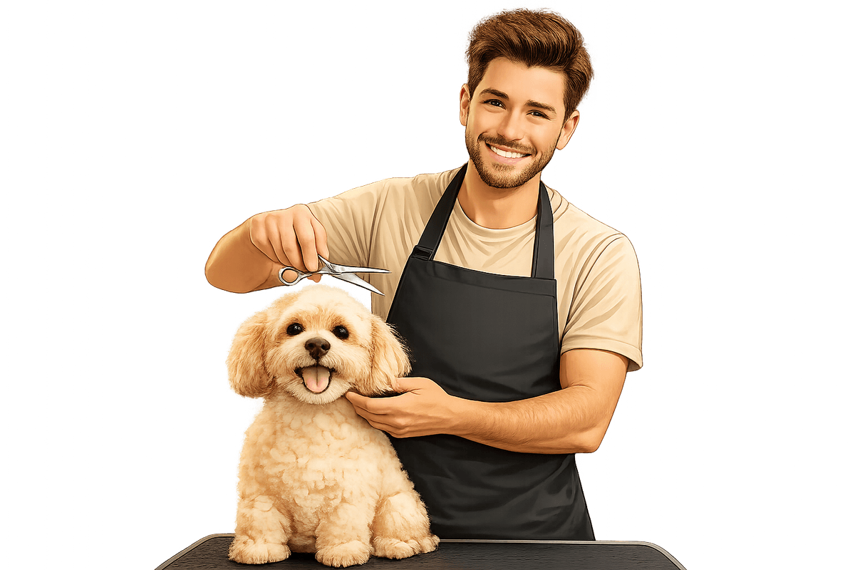 Professional groomer pampering a dog on a grooming table